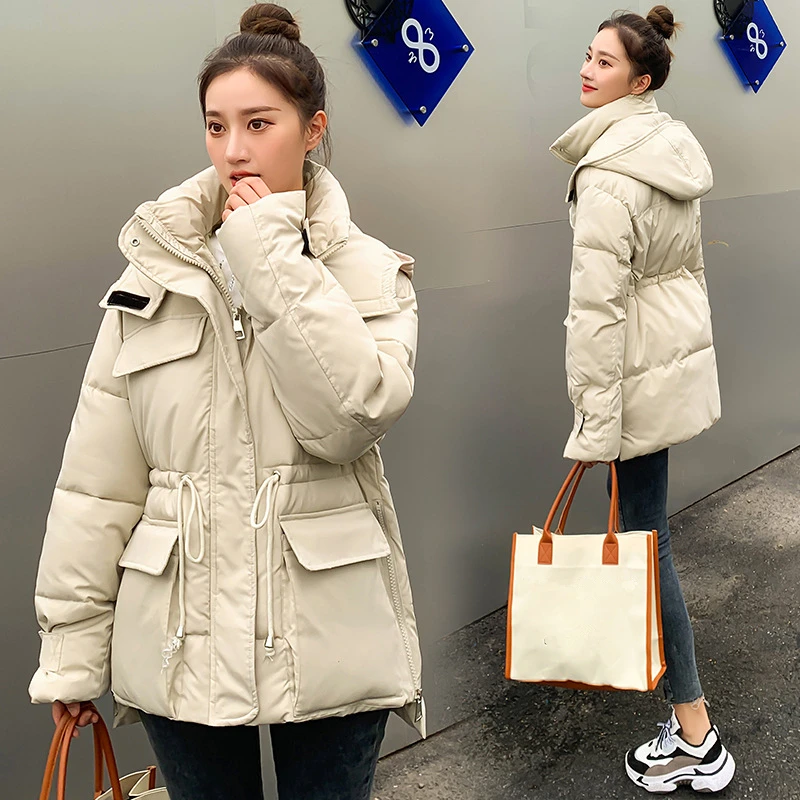 Women Winter Thick Padded Jacket Bread Coat Warm Cotton Quilted Jacket Lady Short Korean Style Drawstring Loose Hooded Parkas