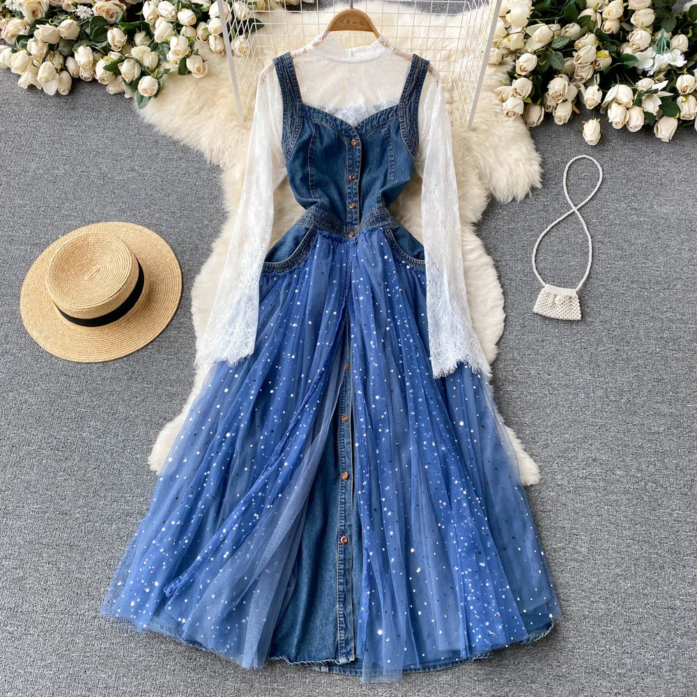 Женское Повседневное платье с длинным рукавом кружевной топ и винтажное