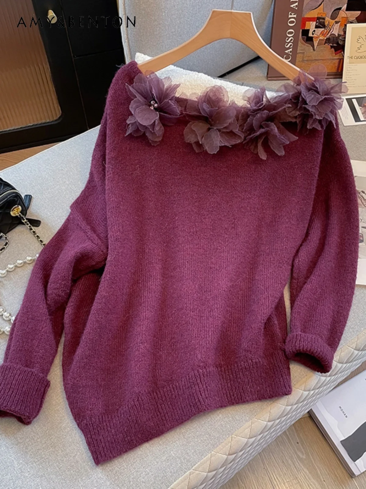 Французский темперамент трехмерный цветок вязаный свитер с открытыми плечами