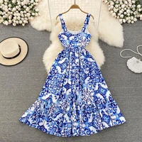 retro temperament blue and white porcelain print waist a line lotus leaf dress elegant seaside holiday style suspender dress