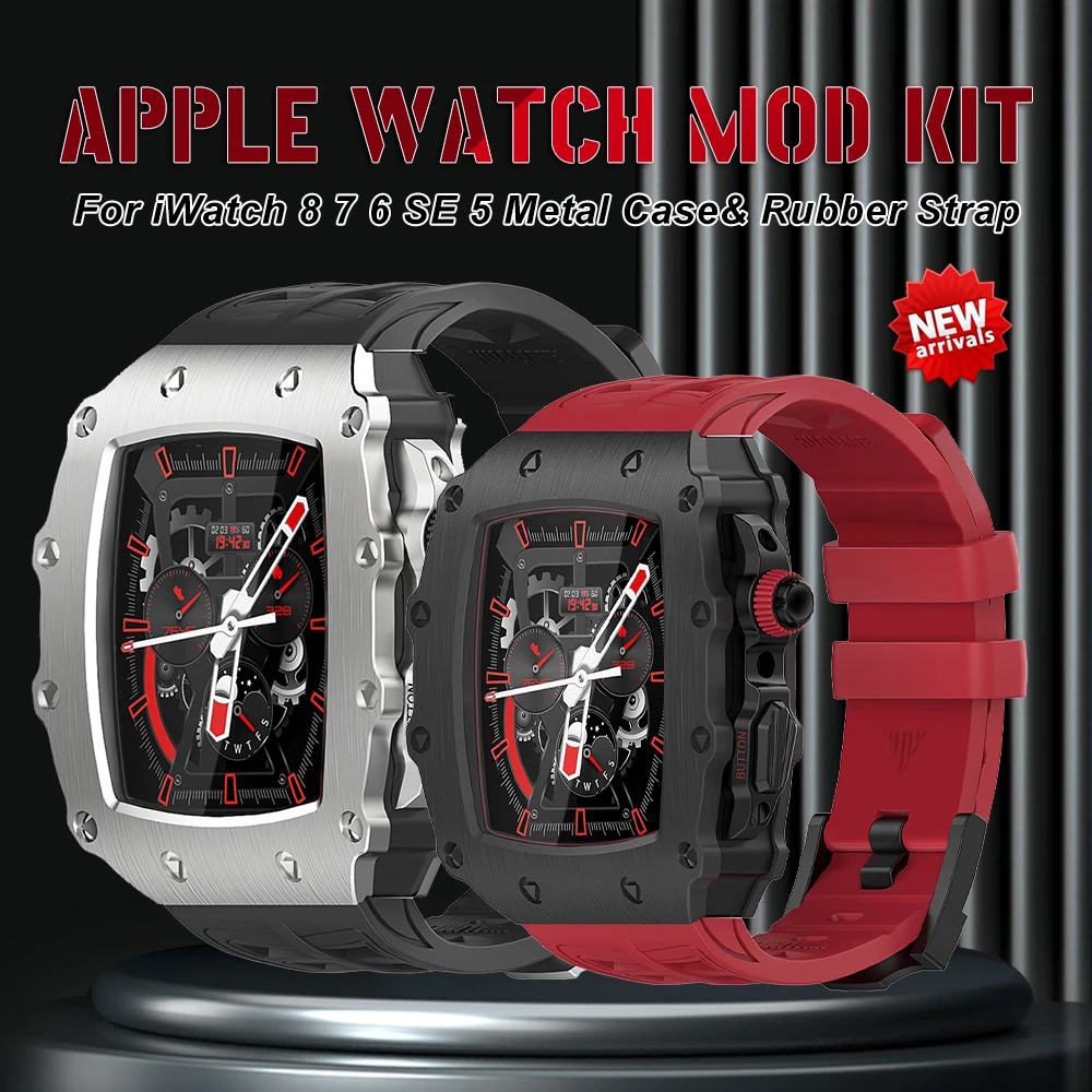 

Комплект для видоизменения Apple Watch 8 7 6 5, набор для ремонта iWatch серии 44 мм 45 мм, ремешок из флюоровой резины, чехол из нержавеющей стали