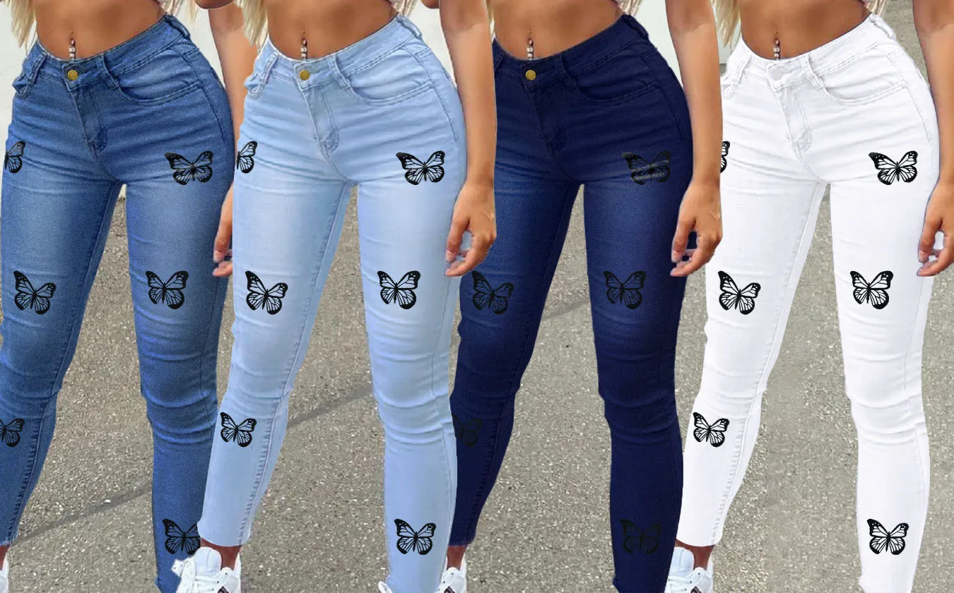 Women's Jeans Summer New Casual Denim Pants Fashion Urban Butterfly Print Jeans Female