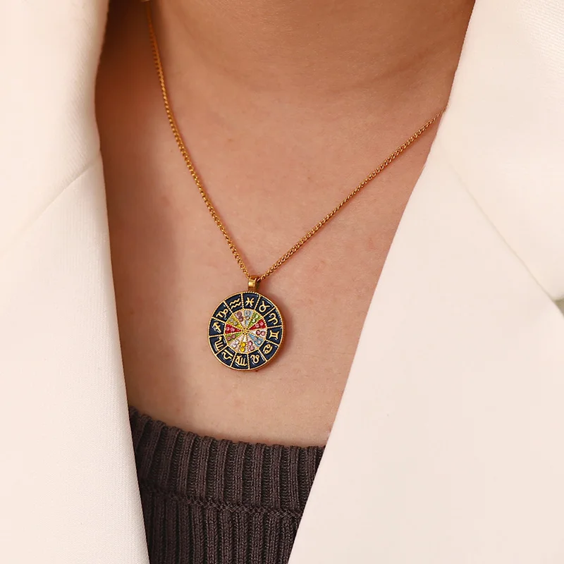 

Fashion Color Crystal 12 Constellations Stainless Steel Pendant Jewelry Necklace for Women Original Design Choker Clavicle Chain