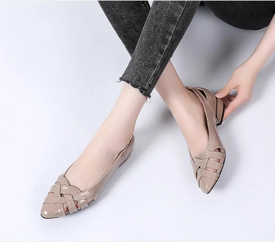 35-40 Summer new patent leather shoes children apartment weaving set flat shoes cut out boat shoes ladies pointed low heel shall