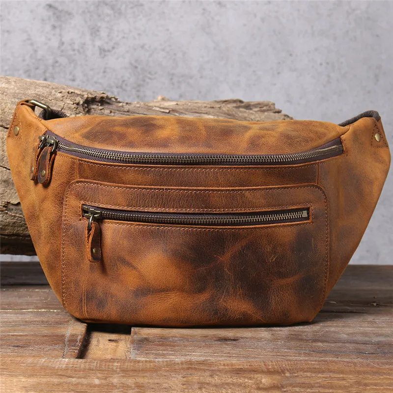 Vintage  organizer crazy horse cowhide men chest bag multi-function real leather waist pack real leather shoulder messenger bags