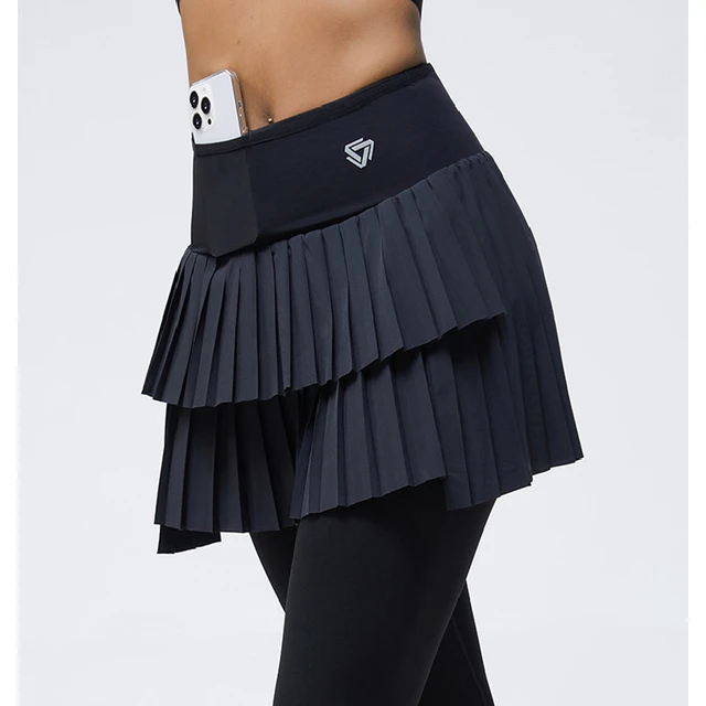 High waist double layer pleated skirt legging nylon elasticity gymwear fitness run yoga skort sports golf tennis skirts + pants