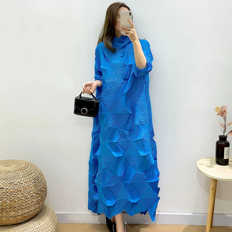 

Miyake Pleats 2022 Dress for Women Loose Turtleneck A-Line Vintage Long Dresses Lady Elegant Large Size Clothes