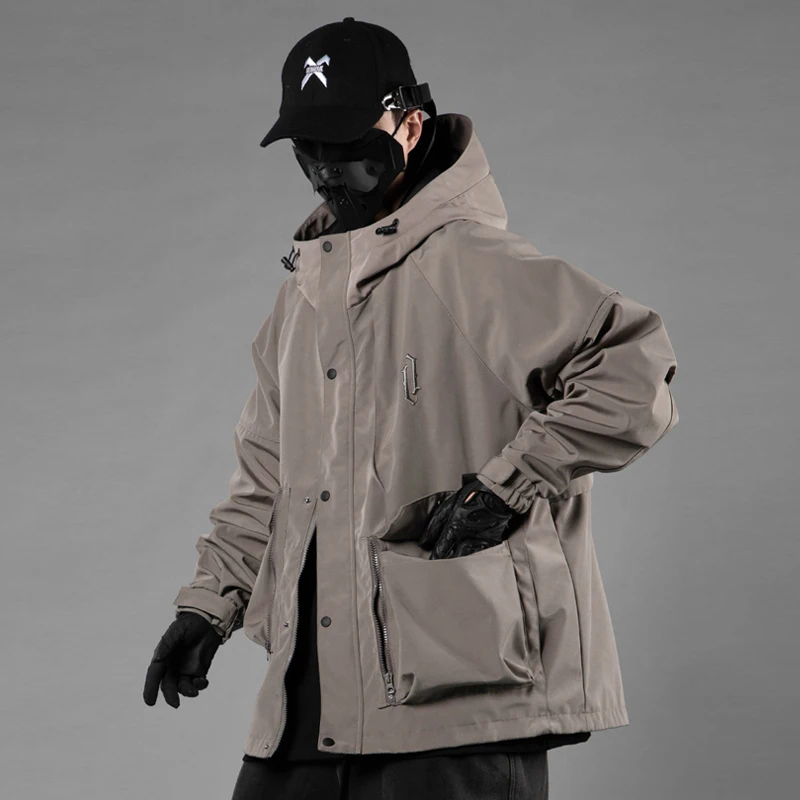 New 2023 Men Jacket Hip Hop Multiple Pockets Function Tactical Coats Loose Cargo Techwear Gray Windbreaker #046