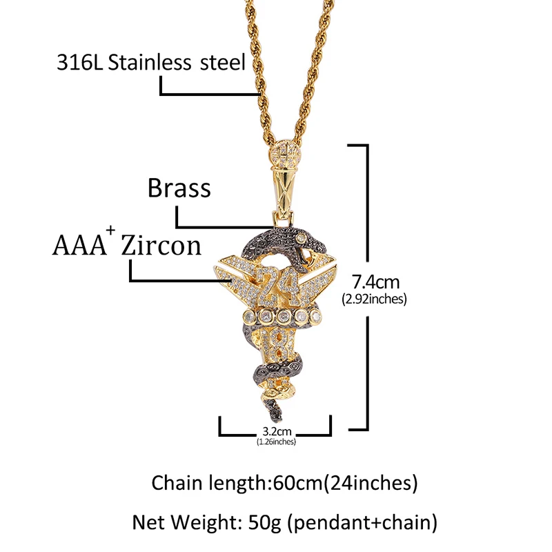 Хип-хоп 3A + CZ Stone Paved Bling Iced Out Number 24 черная мамба подвески в виде змеи ожерелье для