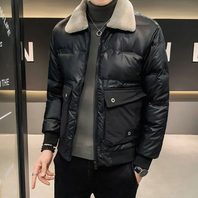 Winter Glossy Men Down Jacket Tooling Style Lapel Thicken Warm Casual Coat Black Grey Korean Fashion Loose Men Short Outerwear