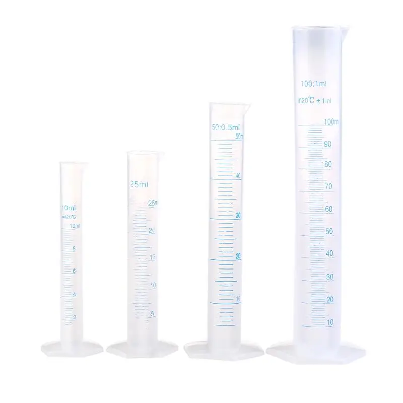 

4pcs Transparent Measuring Plastic Graduated Cylinder 10ml / 25ml / 50ml / 100ml For Lab Supplies Laboratory Tools