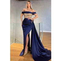 blue evening dresses 2022 luxury off the shoulder beaded mermaid party dress sexy side split floor length ball gowns sweep train