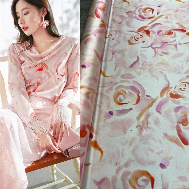 

Классический брендовый высокий комплект серии розовая Акварельная розовая стрейчевая шелковая саржевая ткань Милая Роскошная рубашка платье модная дизайнерская ткань