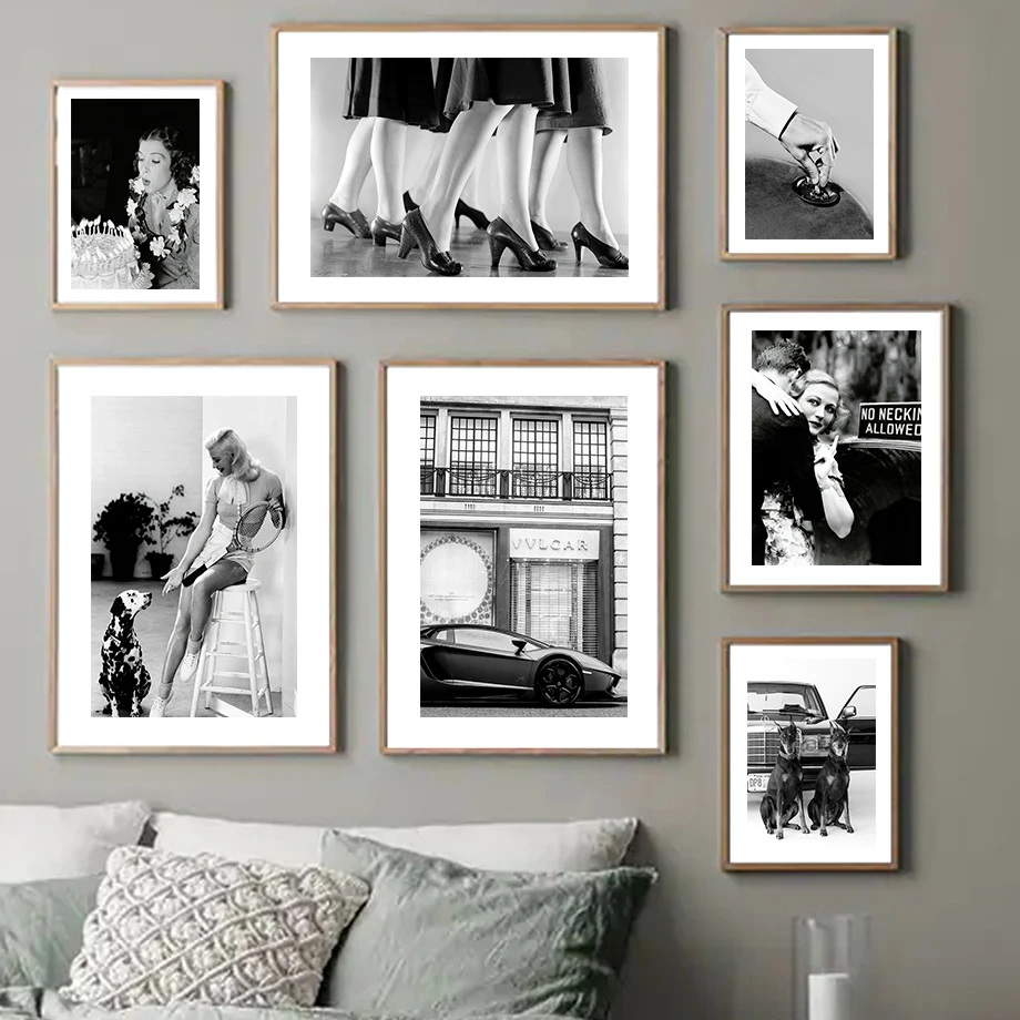 

Fashion Vintage Woman Car Dalmatians Black White Wall Art Pictures Canvas Painting Nordic Posters And Prints Living Room Decor