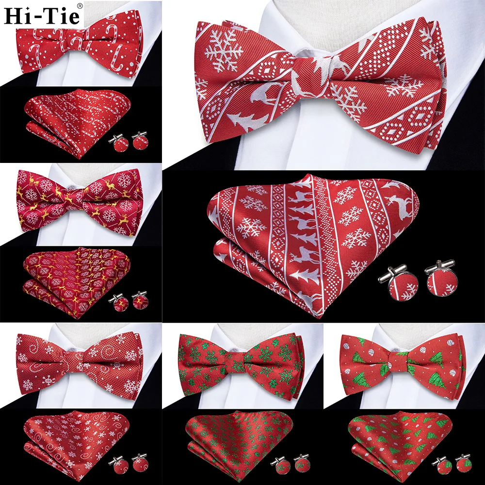 

Hi-Tie Red Green Men Christmas Bow Tie Hankerchief Cufflink Set Pre-tied Silk Butterfly Knot Xmas Bowtie for Male Business Party