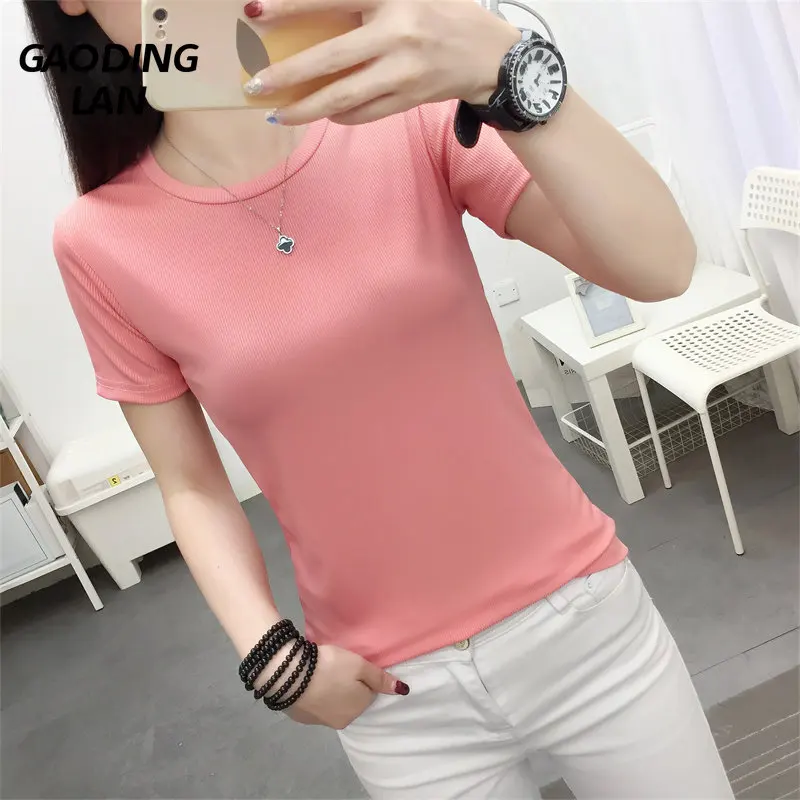 

Gaodinglan Summer Solid Color Short Sleeve Casual Women Tops O Neck Brief Bottoming Shirt Female Y2k Slim Fit Knit T-shirts