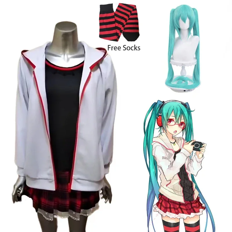 Косплей-костюм из аниме Мику парик ACGN VOCALOID Meganekko топ короткая юбка пальто
