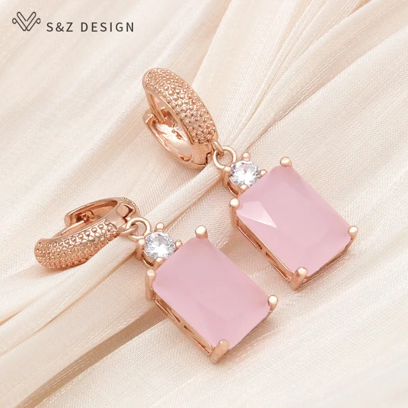 

S&Z DESIGN New Fashion Pink Rectangle Crystal Dangle Earrings For Women Wedding Party Jewelry Classic Cubic Zirconia Eardrop