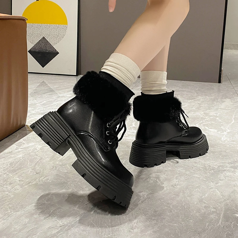 Wool Winter Keep Warm Snow Boots Full Grain Leather Round Toe High Heels Sheep Fur Lace Up Plus Size Ankle Boots Botas Mujer