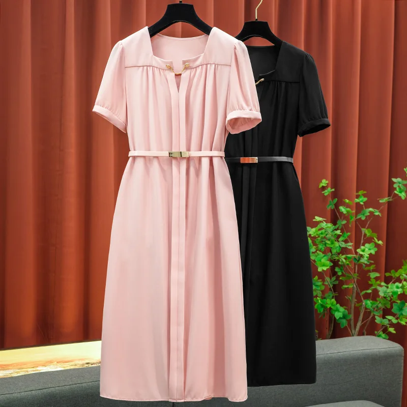

High-quality Acetic Acid Square Neck Straight Waist Mid-length Dress Commuter Formal Elegant Simple Solid Pleated Jupe Clothing