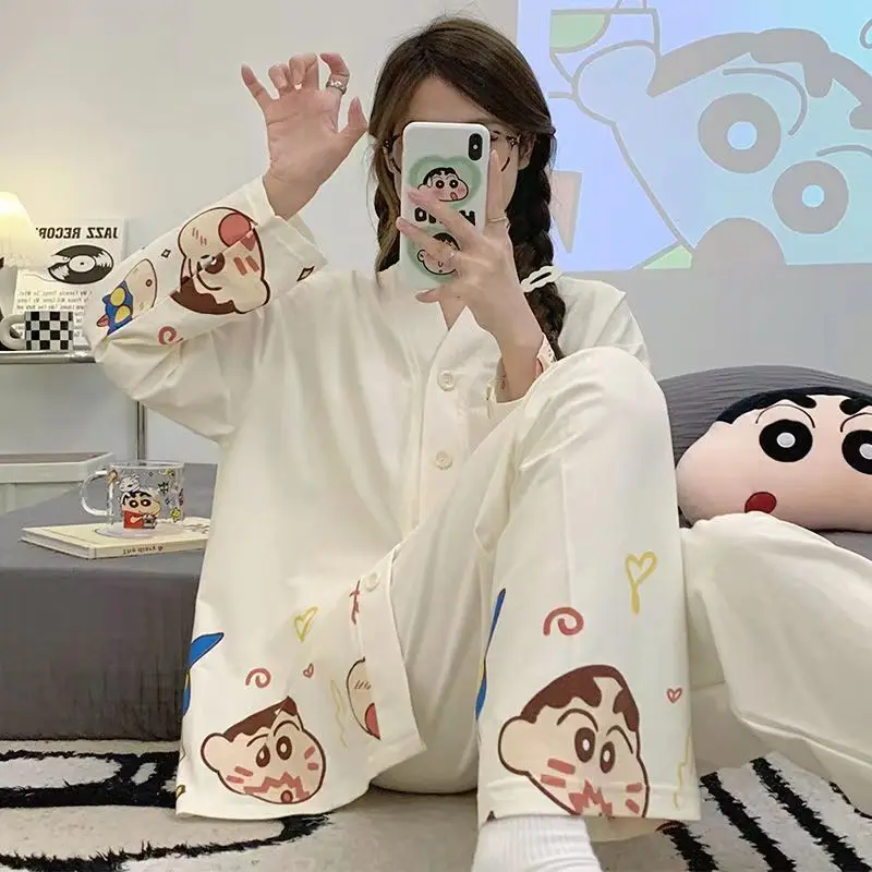 Kawaii Pijamas Set 2 Pieces Long Sleeve Homesuits for Young Girls Women Pyjama Spring Thin Loungwear Casual Female Clothes Ins