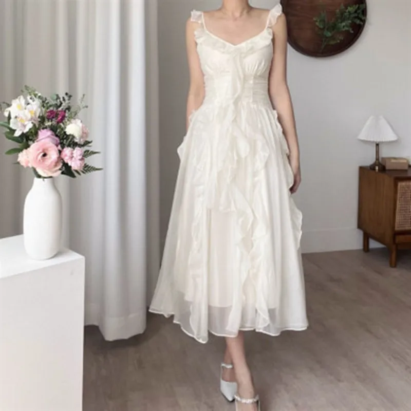 

Женское пляжное платье на бретелях-спагетти, подиумное приталенное платье с V-образным вырезом, без рукавов, с открытой спиной и оборками, лето 2022