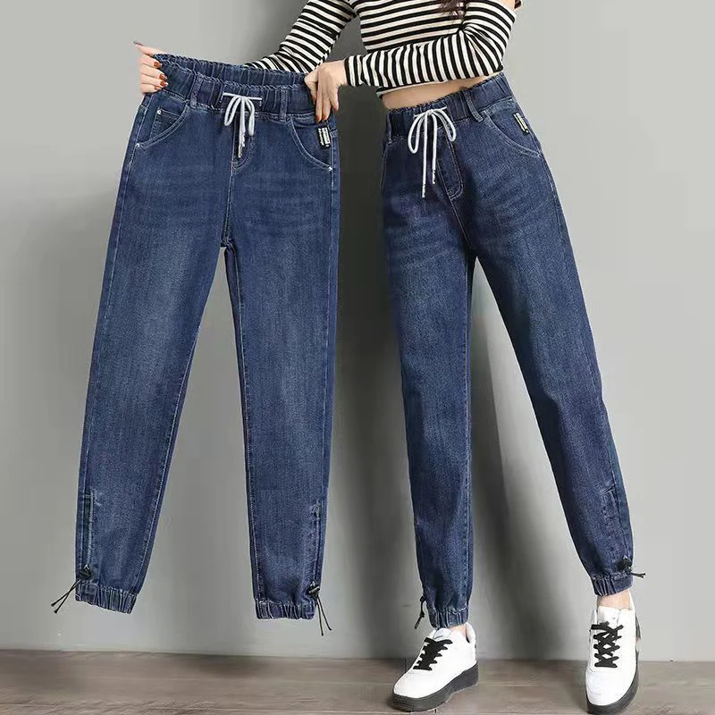 

Spring Summer Ankle Length Pants Women Skinny Streetwear Solid Color Drawstring High Waisted Joggers Ladies Elastic Denim Pants