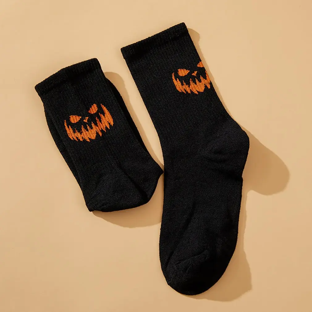 8Pcs Pumpkin Socks Vertical Stripes Unisex Funny Personality Pattern Mid-top Polyester Warm Breathable Halloween Socks Kids