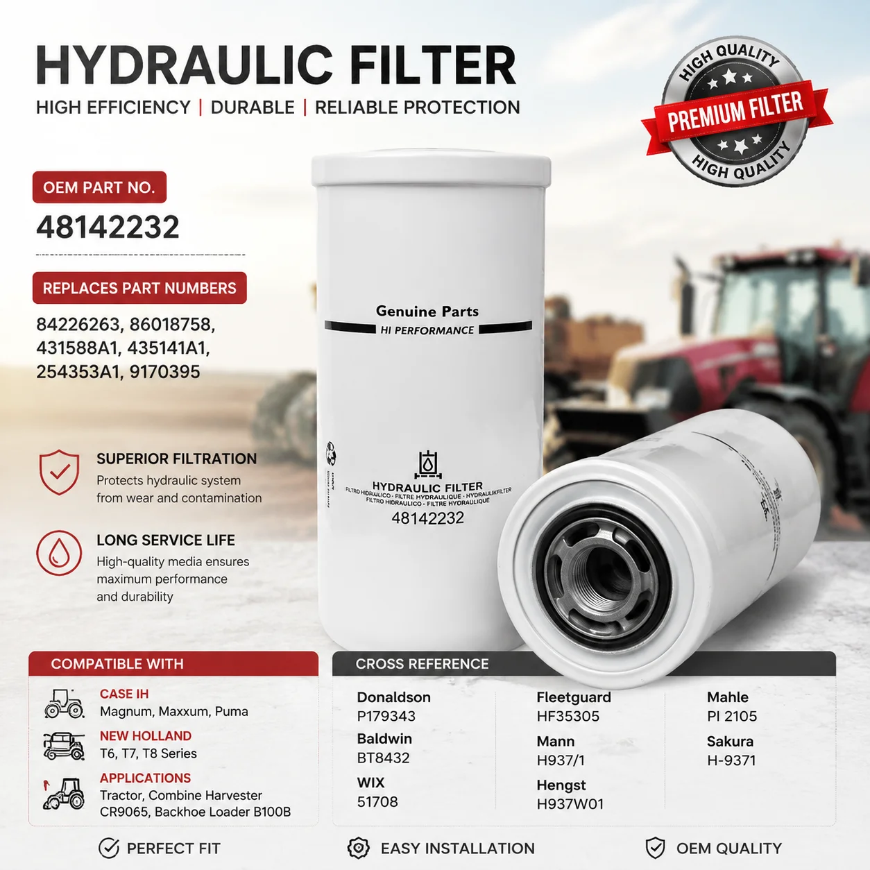 Фото Гидравлический фильтр 48142232 84226263 для тракторов Case IH Magnum Maxxum Puma New Holland T6 T7 T8, экскаваторов-погрузчиков CR9065 B100B №1