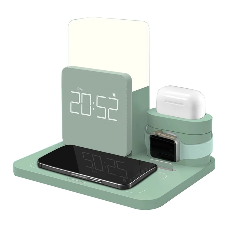 

6 In 1 Wireless Charging Station With Bedside Lamp&Alarm Clock, 10W Compatible With For Iphone/For Samsung