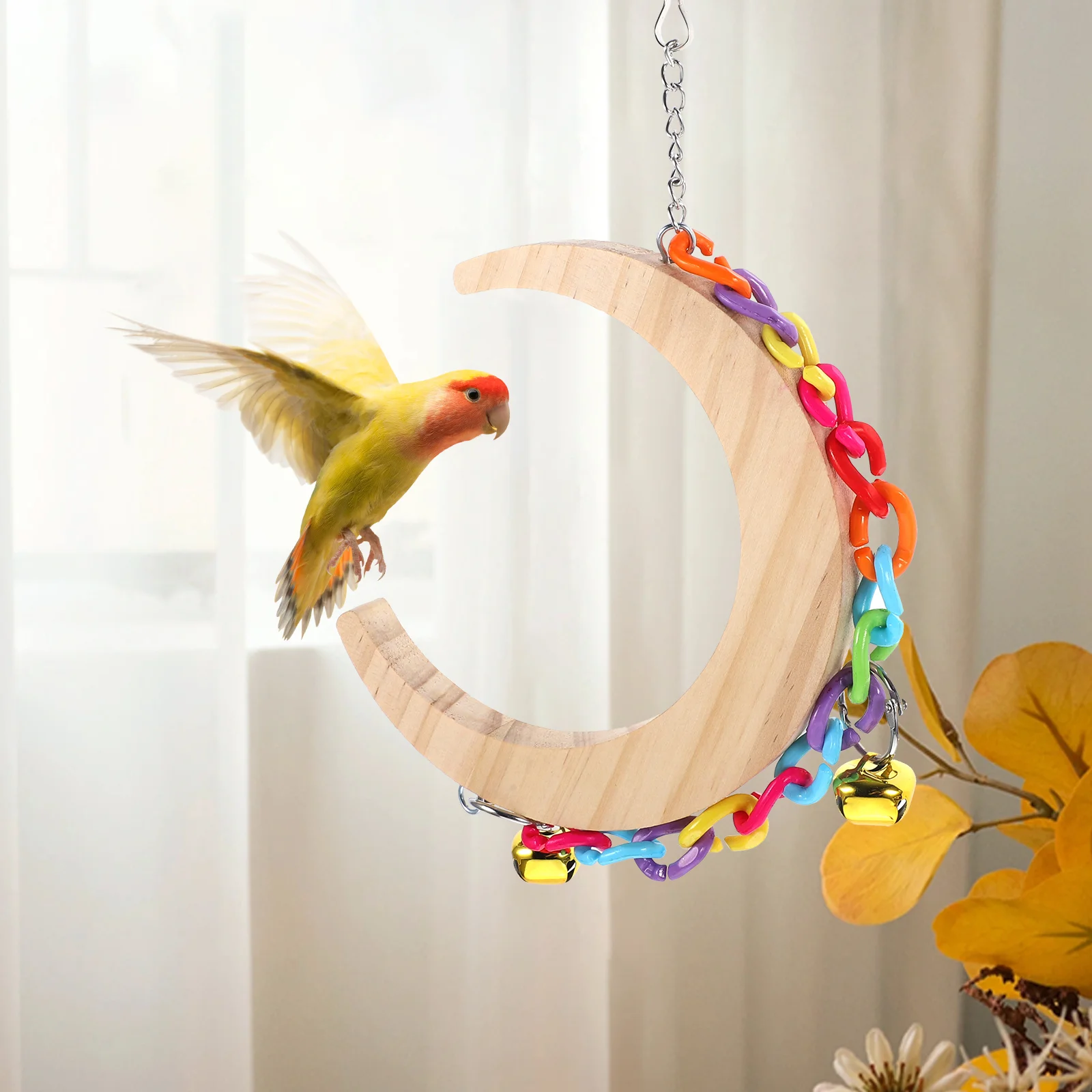

Bird Moon Shaped Swing Parrot Swing Toy Wood Parrot Swing Toy for Bird Cage
