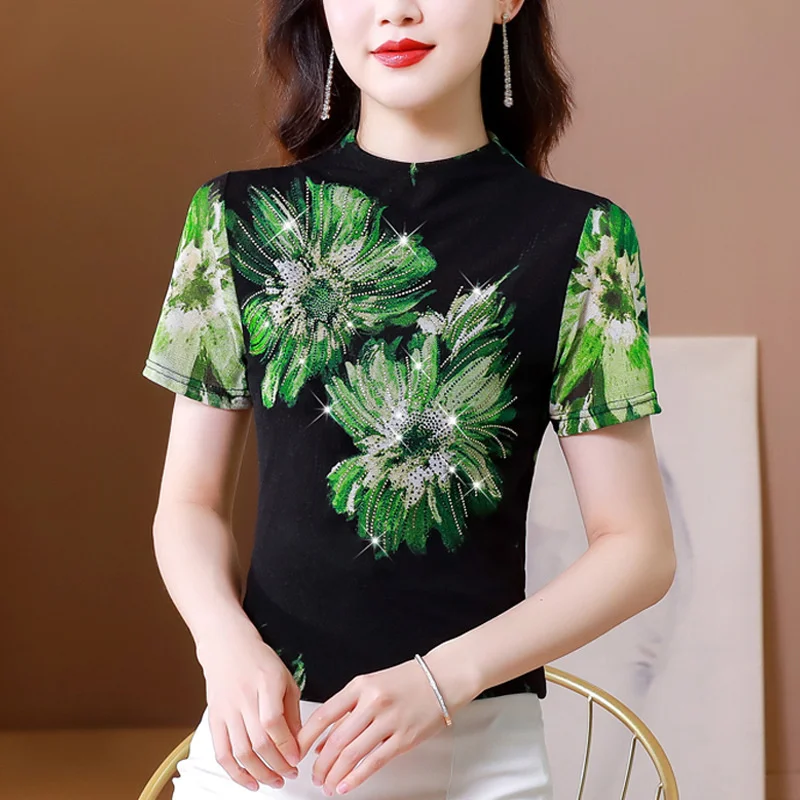 #9240 Сетчатая футболка с цветочным принтом женская сексуальная облегающая