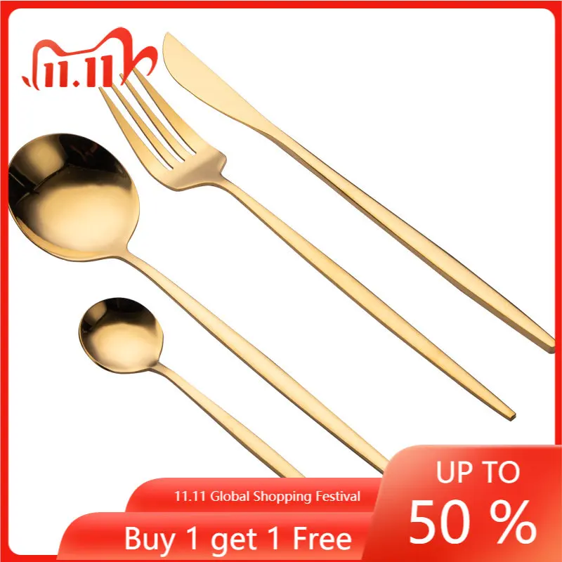 

4pcs Upscale Gold Dinnerware Set Stainless Steel Tableware Set Knife Fork Coffee Spoon Flatware Set Dishwasher Safe Cutlery Set