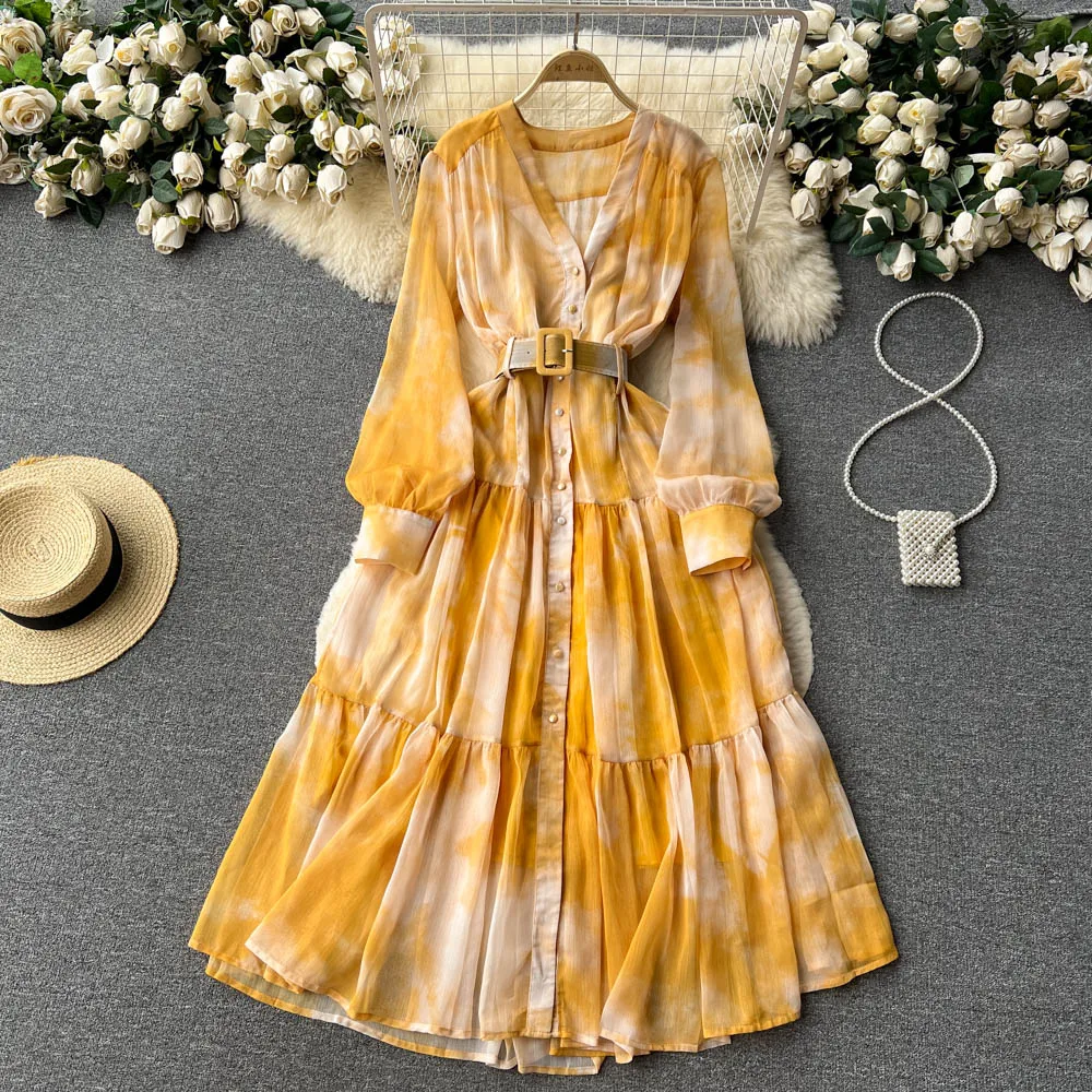 

French A-line Dress Women New Fashion V Neck Long Sleeve Irregular Tie-dye Print Slim Chiffon Holiday Clothes Vestiddos K875