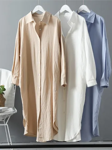 Spring Summer Women Long Shirts Casual Loose Cotton Linen Solid Cardigan Blouses Female Fashion Elegant Outerwear Tee Clothes