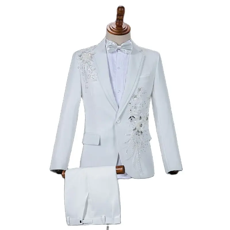 

Мужской блестящий белый блейзер с блестками и цветочным узором, брючный костюм 2023, Свадебный Смокинг на одной пуговице для жениха, вечерние для свадьбы, выпускного вечера