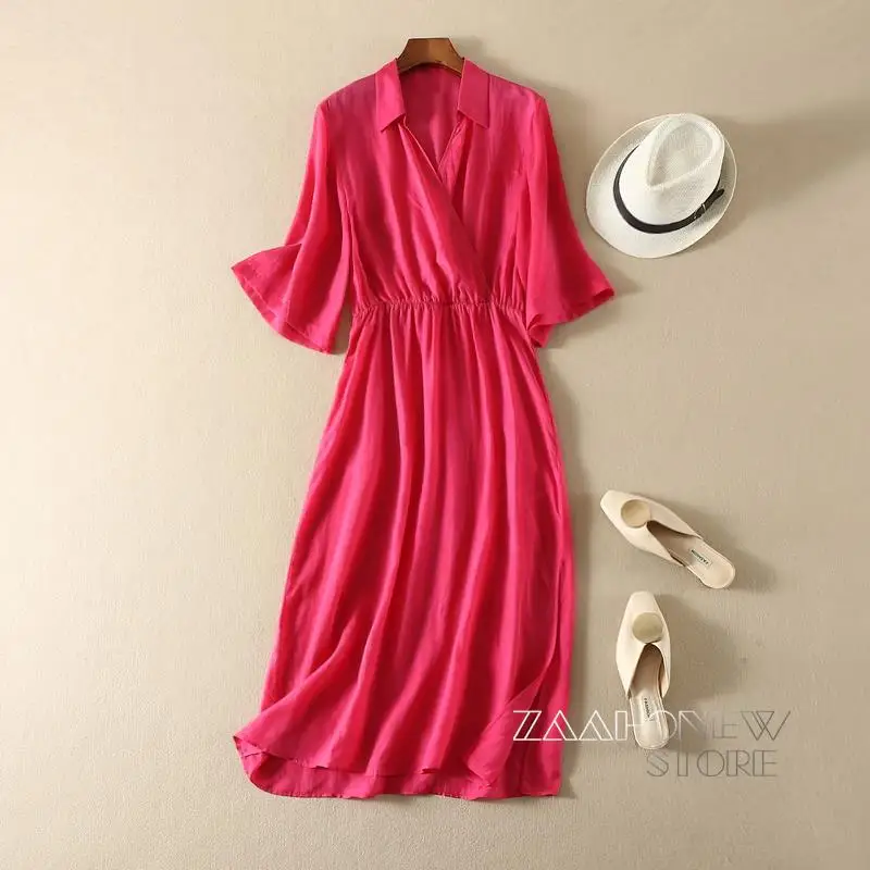 

ZAAHONEW 2022 Spring Summer Female Fashion V-neck Elastic Waist Slim Dress Women Solid Color Temperament Simple Casual Dresses