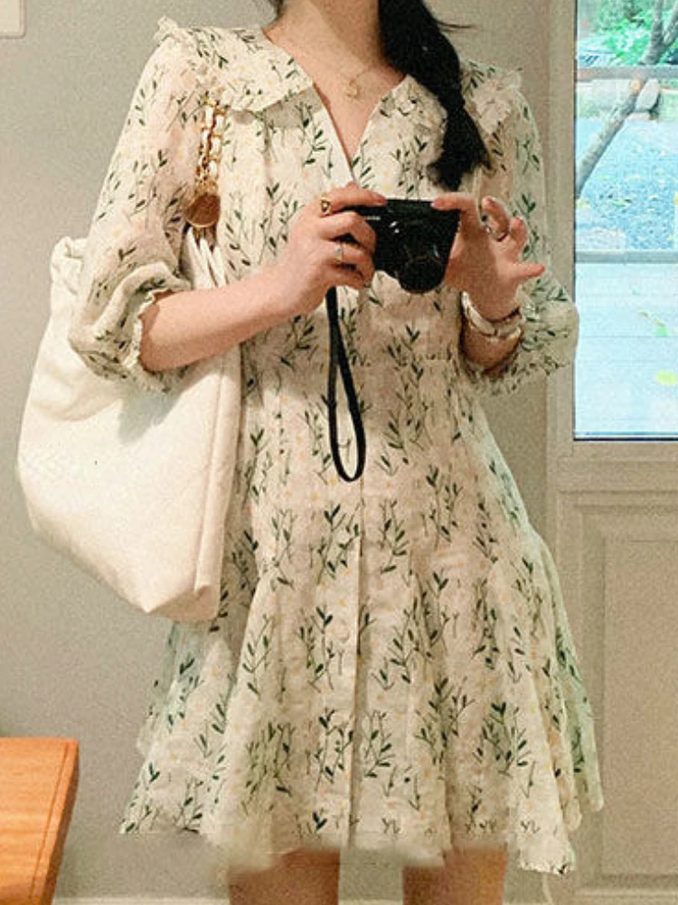 Летнее кружевное милое платье с цветочным принтом женское дизайнерское