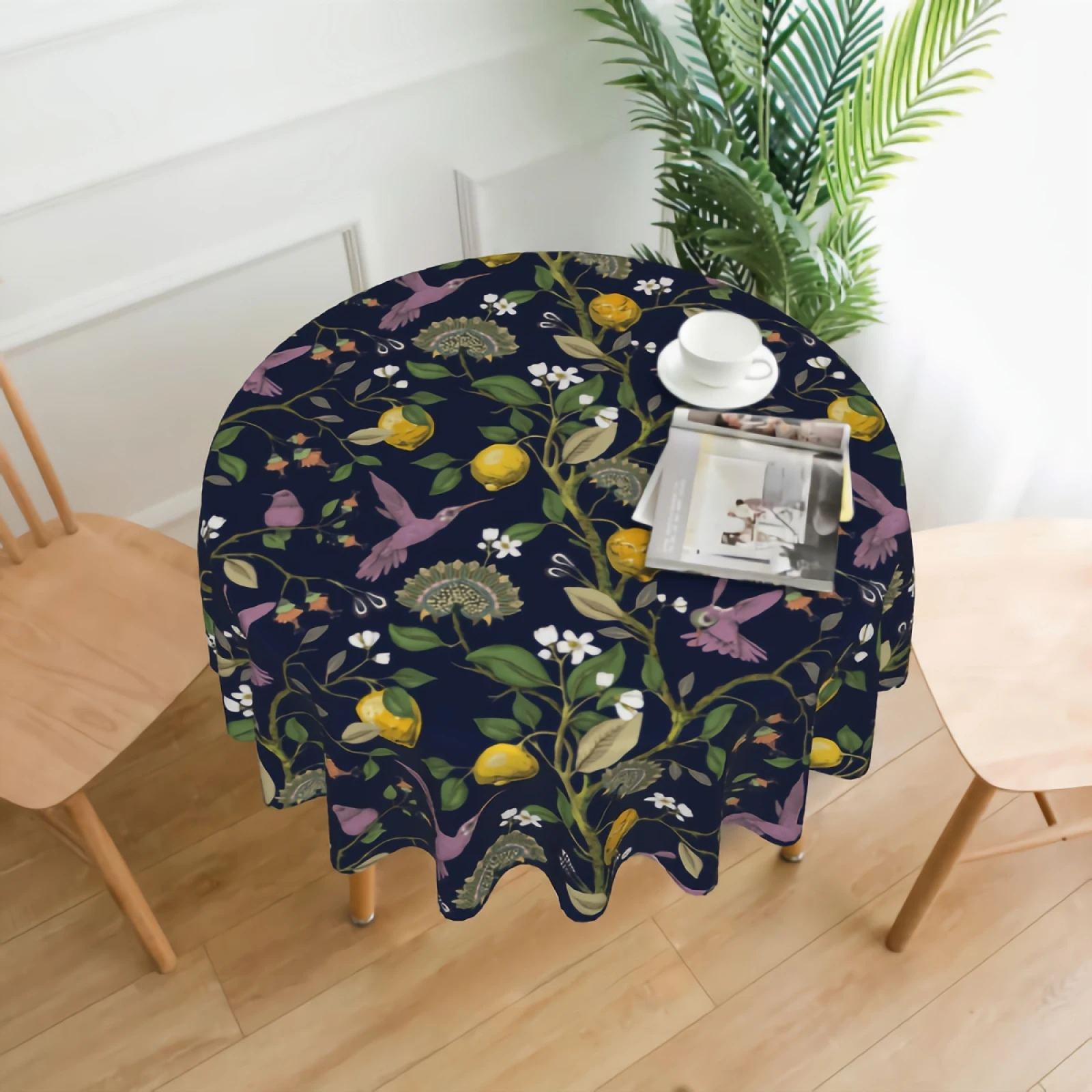 

Watercolor Lemons And Hummingbirds Round Tablecloth Washable Resistant Water-Proof for Dining Table Party Home Decor 60 Inches