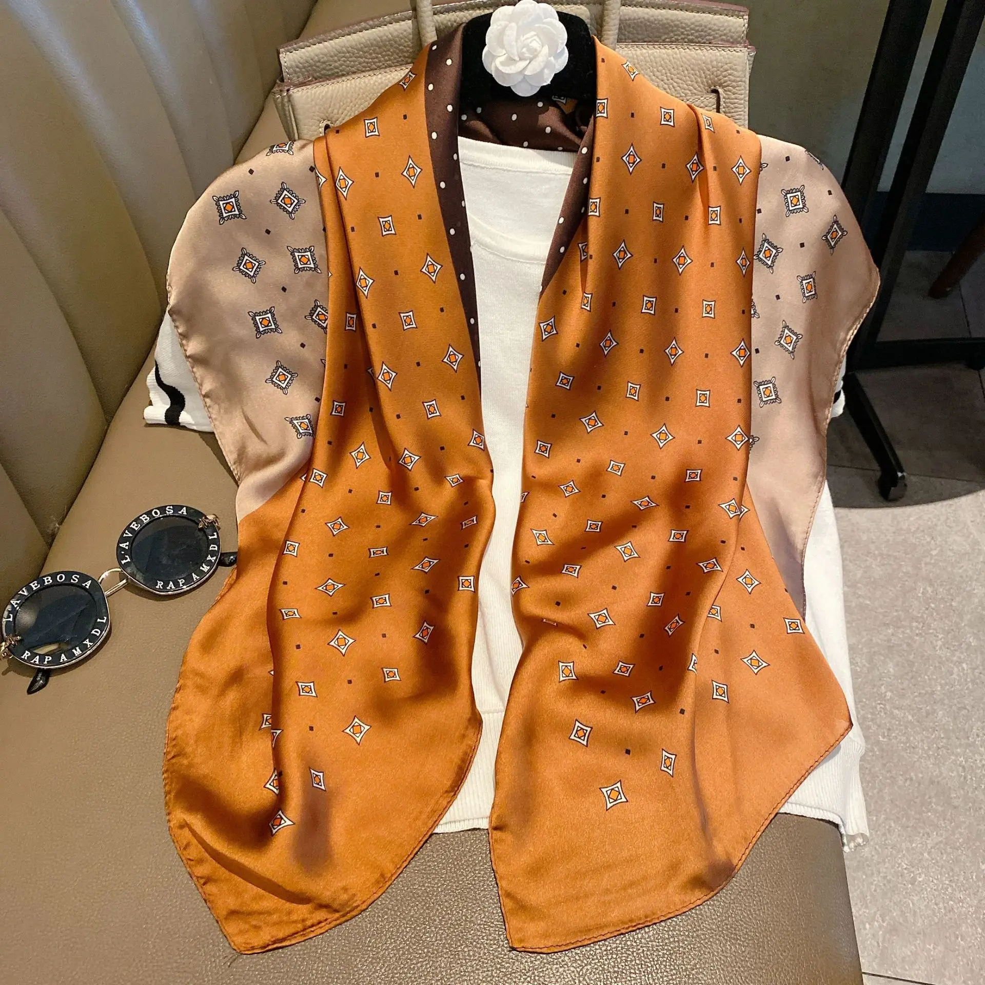 

Elegant Shawls Large Hijab Scarf For Women Silk Satin Head Scarfs Female 90CM Square Kerchief Headband Neck Scarves For Ladies