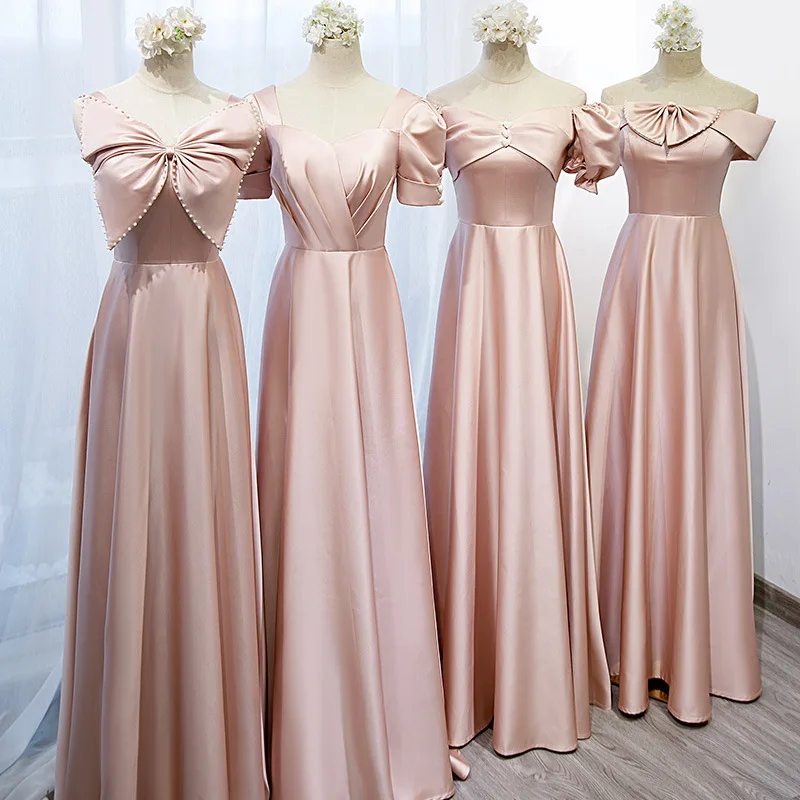 Женское атласное платье подружки невесты розовое длинное для свадьбы выпускного