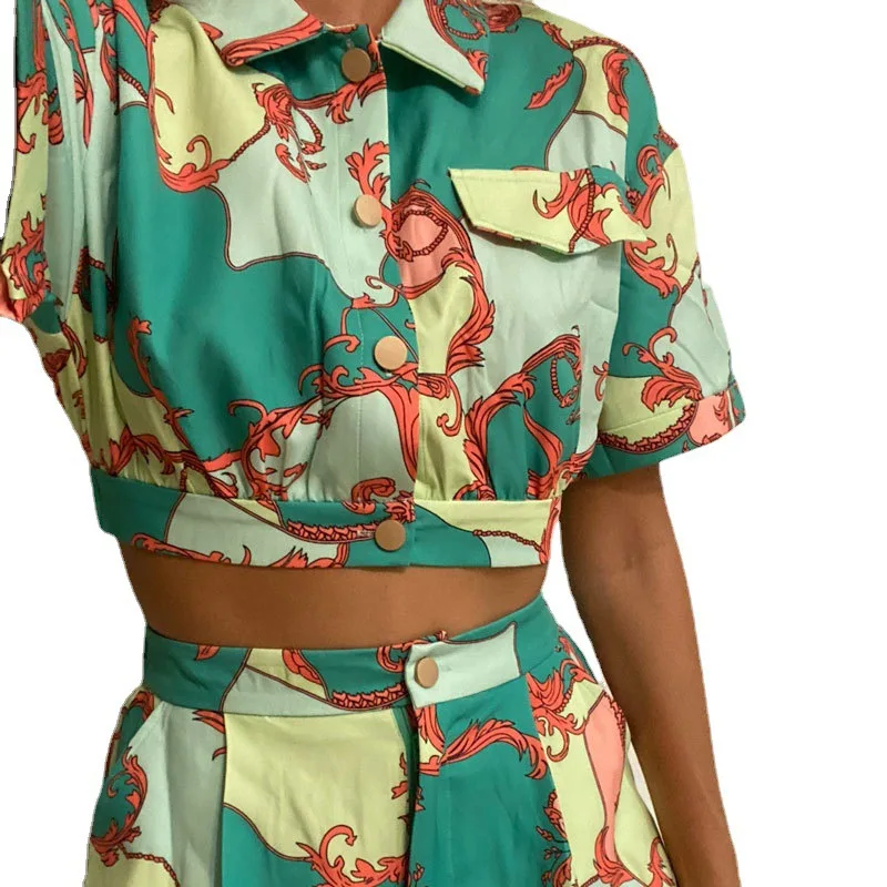 Summer Women's Short Sleeve Pajama Set 2 Pieces Set Ladies Sleepwear Crop Top And Shorts Print Buttons Piajama Suit For Female