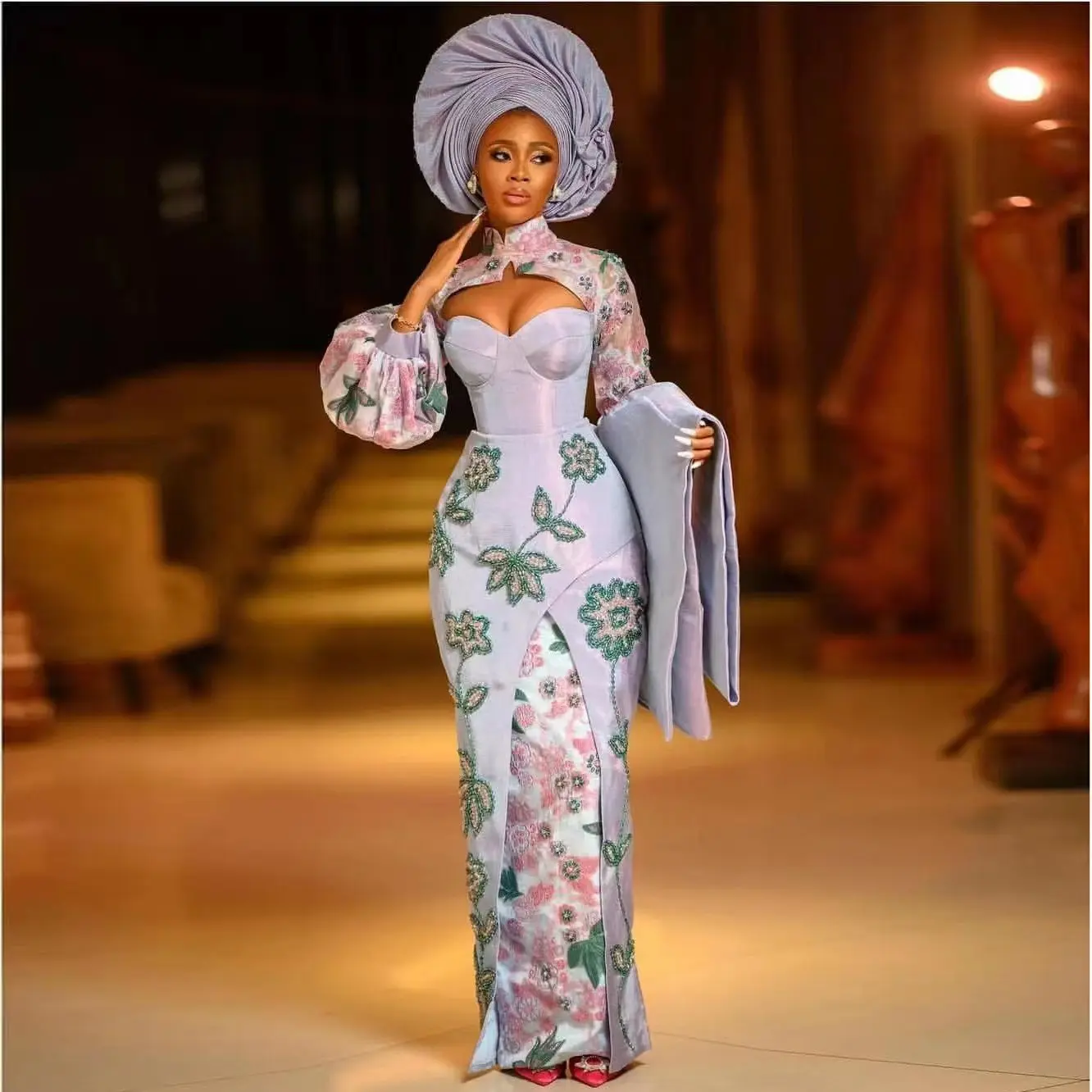 

Africa Elegant Aso EbiProm Dress For Women Beadin Sequined Appliques Long Sleeve High Neck Evening Party Formal Mermaid Gown