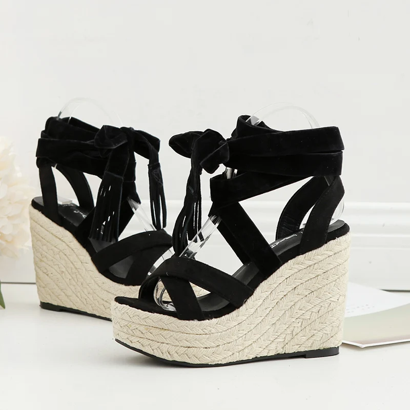 

Weaving Cross Strap Platform Sandals Summer Wedges Heel Shoes For Women Flock Ankle Strap Ladies Gladiator Sandals Black