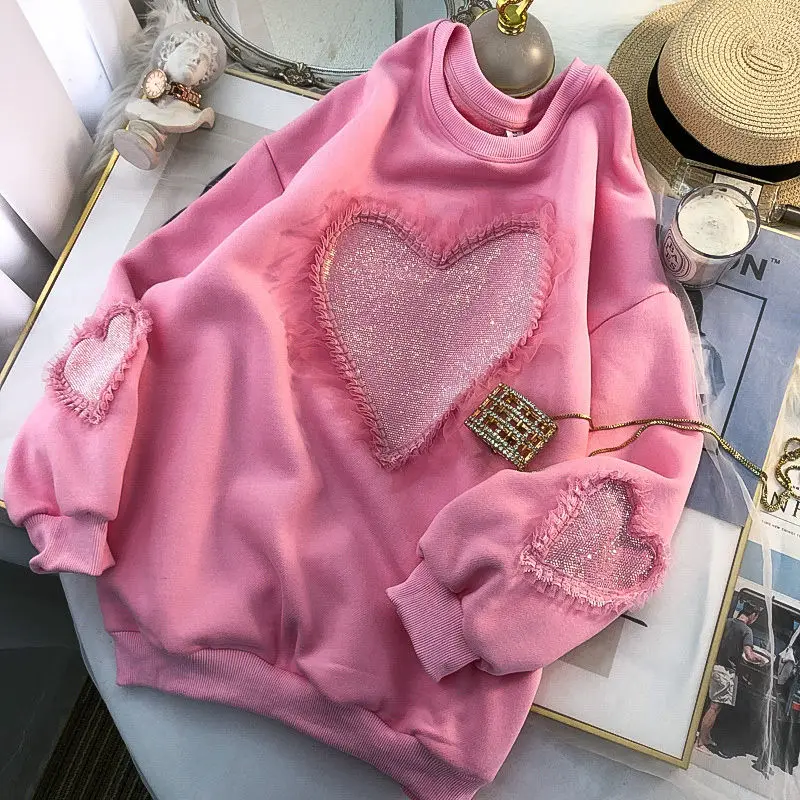 

Design sense heavy industry hot drill love sweater Plush thickened women's loose top autumn and winter 2021 large women sweater
