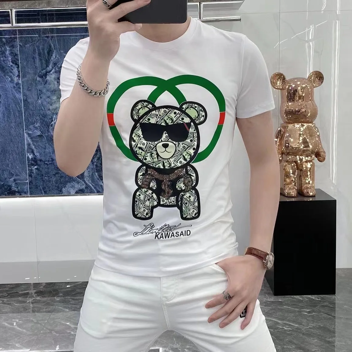 

2022 Cartoon Bear Printed T Shirts Men Summer Clothes Fashion Streetwear Slim O Neck Short Sleeve Mens Tops Camiseta Masculina