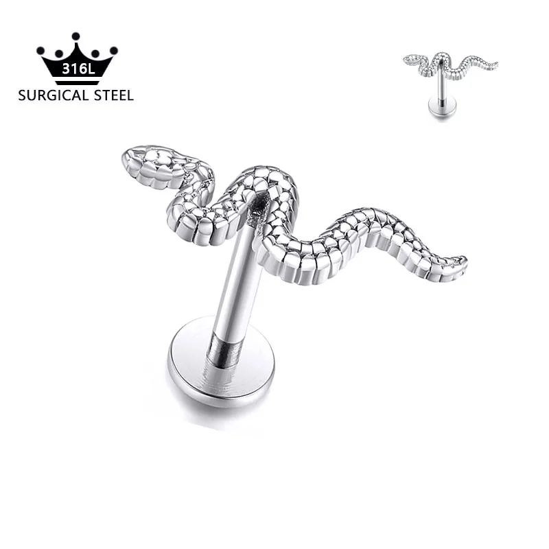 

Snake Internal Thread Labret Piercing Cartilage Earring Tragus Conch 316L Stainlesss Steel body jewelry 16G