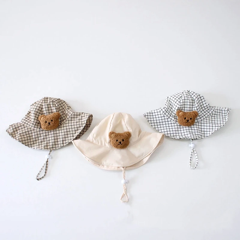

Fashion Baby Boys Girls Cartoon Bear Adjustable Kids Hats Plaid Style Summer