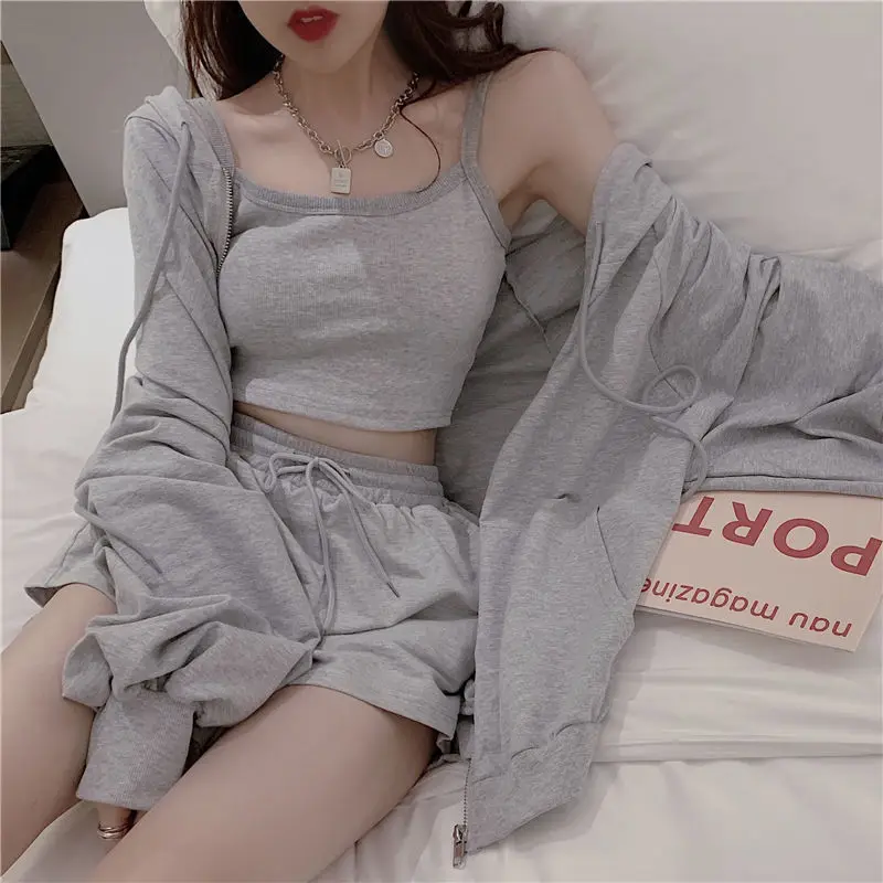 YUDX Loungewear Women 3 Pieces Summer Sleepwear Ensembles De Pyjama Nightgown Suits with Shorts Home Wear Roomware