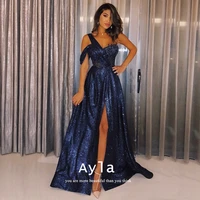 sexy high split ball gown prom dresses glitter blue satin prom gowns formal party dresses robes de soir%c3%a9e